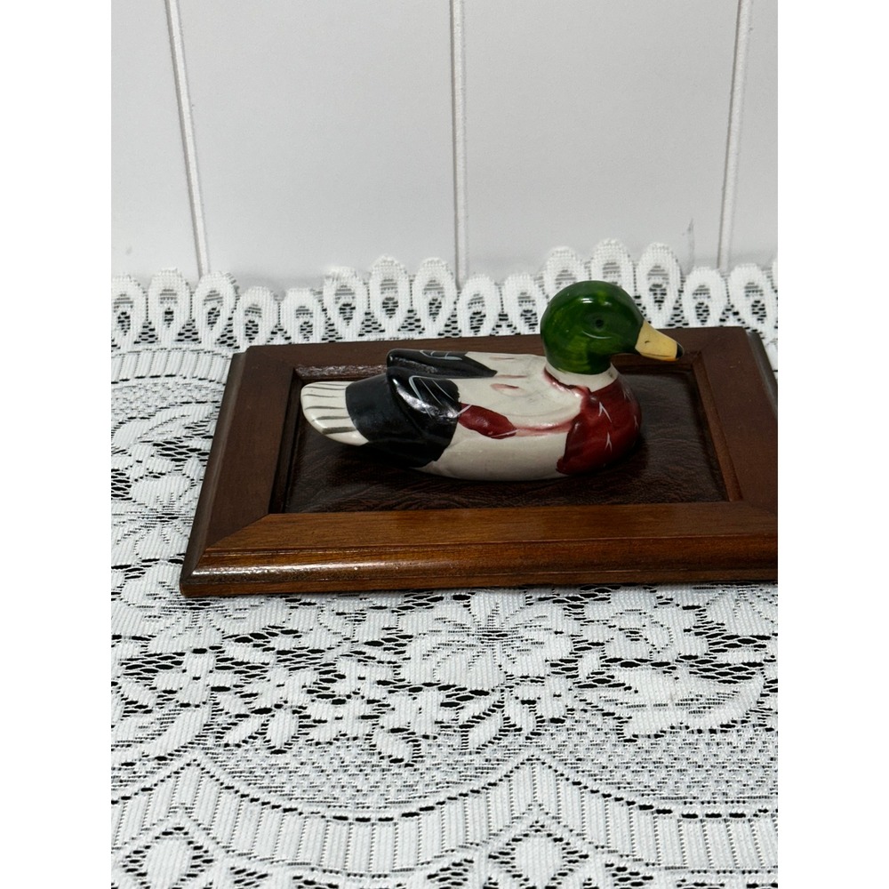Vintage Mallard Duck Figurine on Wood and Faux Leather Plaque Rustic Decor